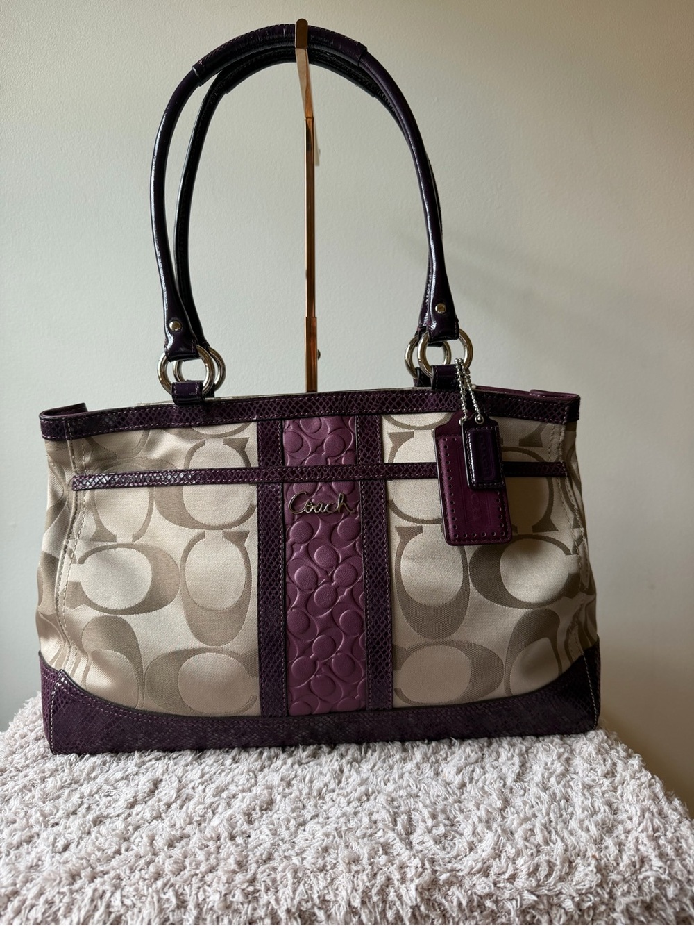 Coach Signature Canvas Tote in Purple and Beige